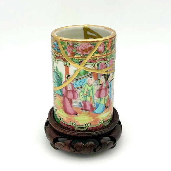 Kintsugi Brush Pot Chinese Famille Rose Cup Gold Crack Art Personal Growth Gift - Picture 9 of 17